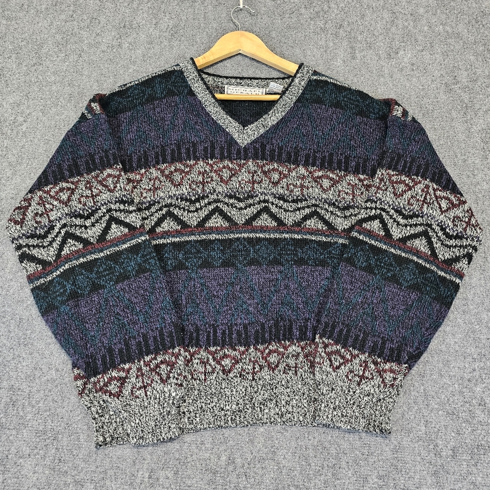 Vintage Michael Gerald Sweater Mens Large Purple Gray Geometric Knit 90s Grandpa